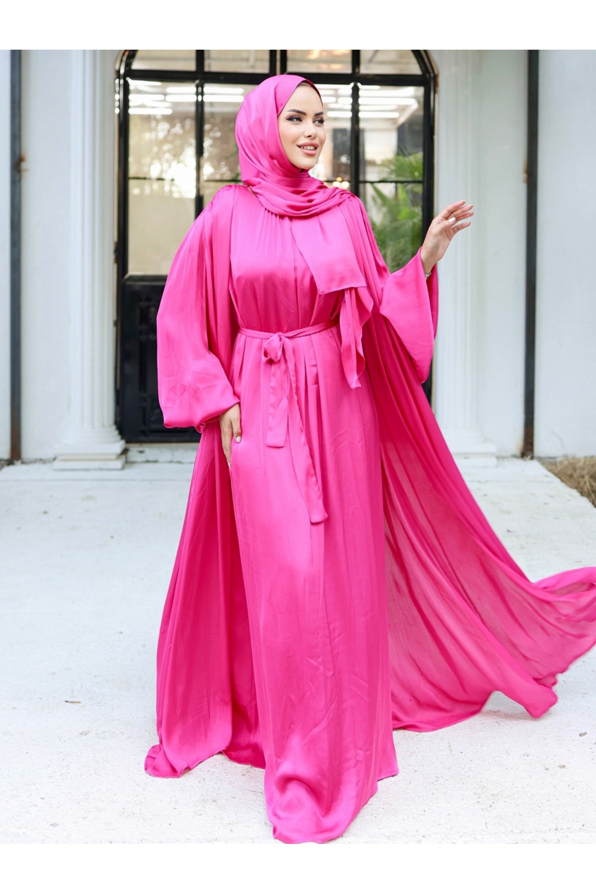 Krinkıl İpek Saten 3'lü Abaya Takım -Fuşya