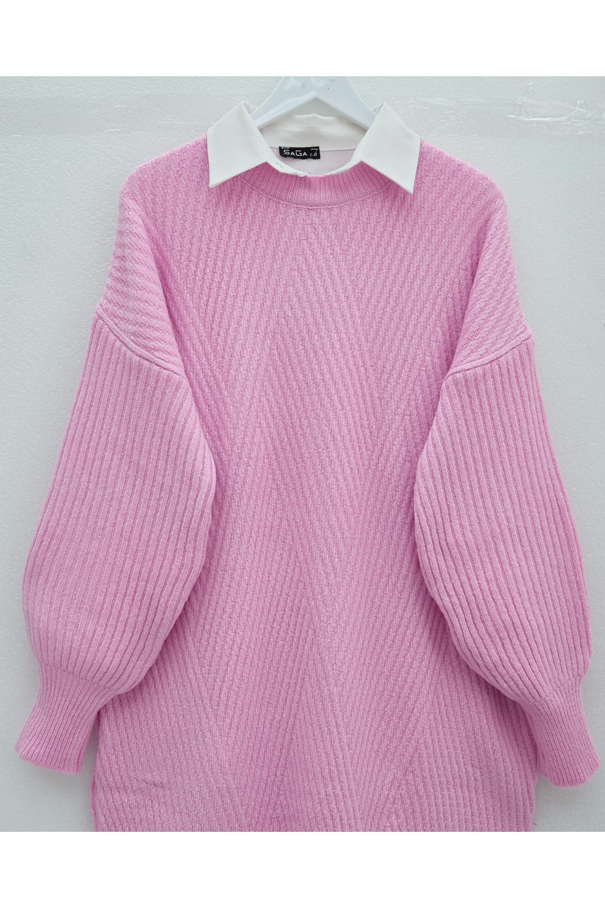 Bisiklet Yaka Baklava Desen Triko Kazak          -Pembe