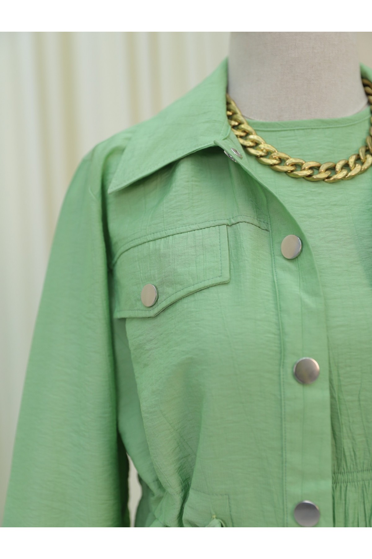 Metal Düğmeli Beli Bağlamalı Gömlek Jile Elbise -A.Yeşil