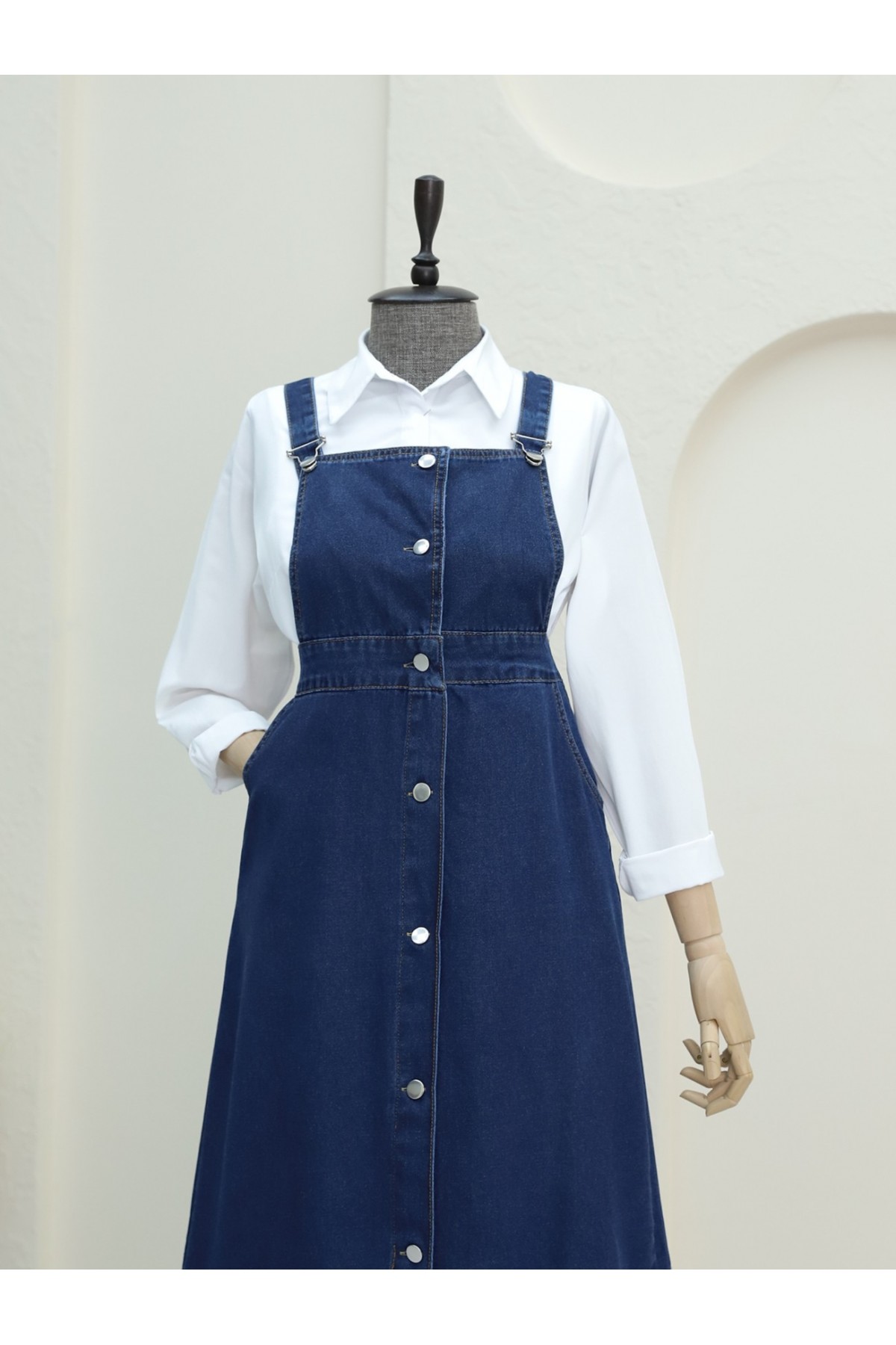 Önden Düğmeli Yan Cepli Eteği Fırfırlı Kot Jile  -Laci