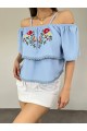 Gül Nakışlı Güpürlü İp Askılı Tişort -Bebe Mavi