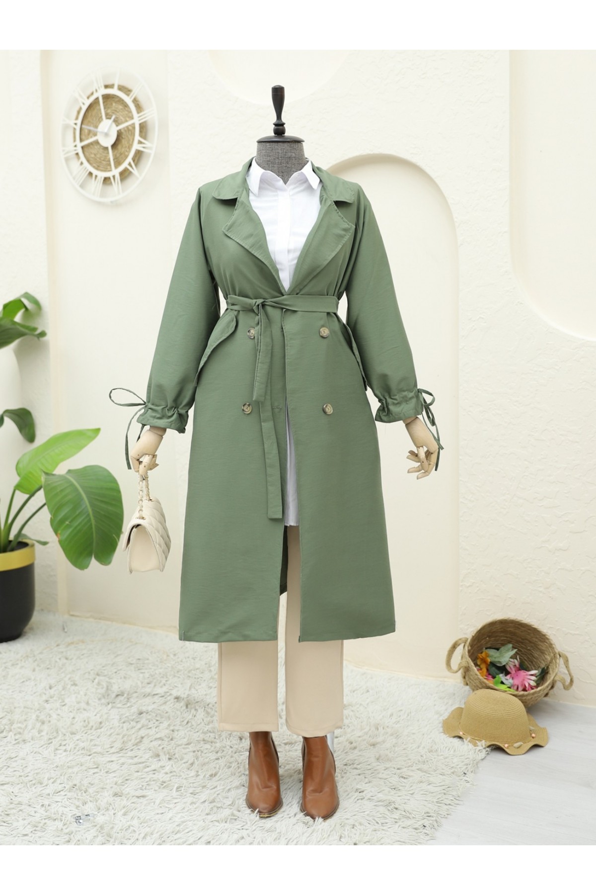 Kolu Manşeti Bağcıklı Kemerli Kap -Haki