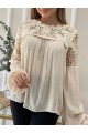 Üstü Dantel Detaylı Kolu Lastikli Keten Bluz -Bej