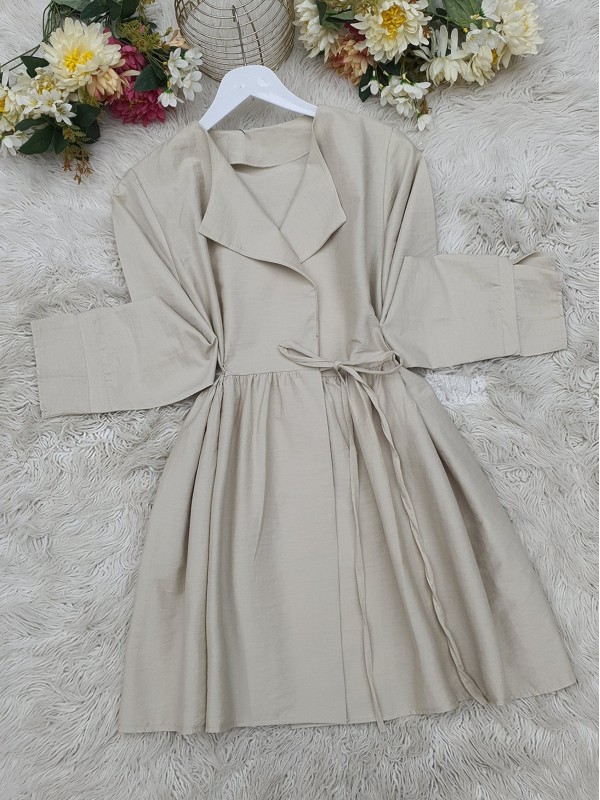 Yan Bağcıklı Kol Manşeti Yırtmaçlı Kimono -Bej