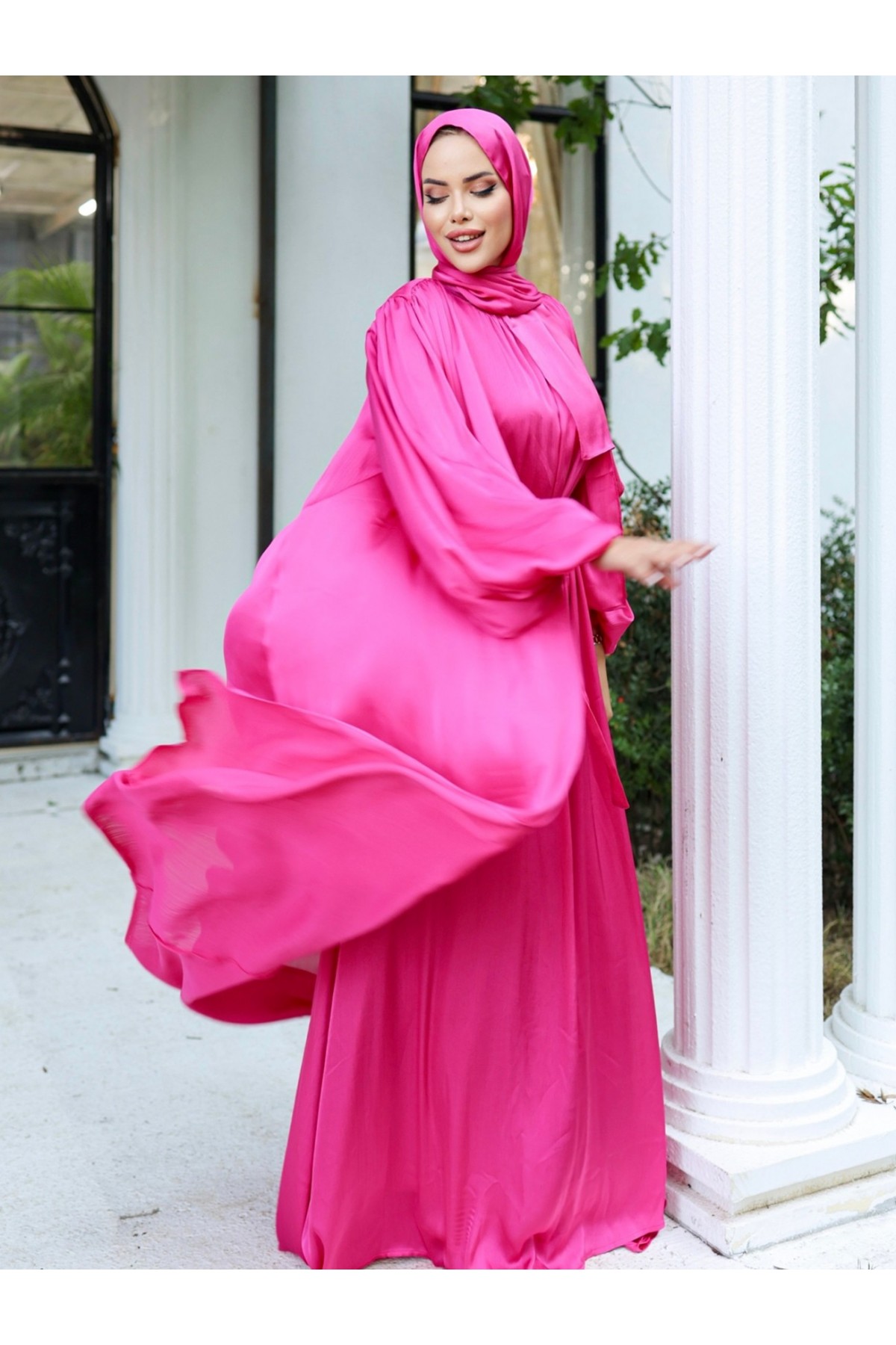 Krinkıl İpek Saten 3'lü Abaya Takım -Fuşya