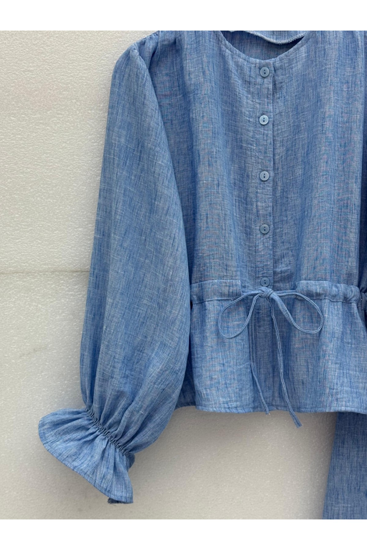 Önü Düğmeli Kolu Lastikli Tünel Bağcıklı Keten Takım -Mavi