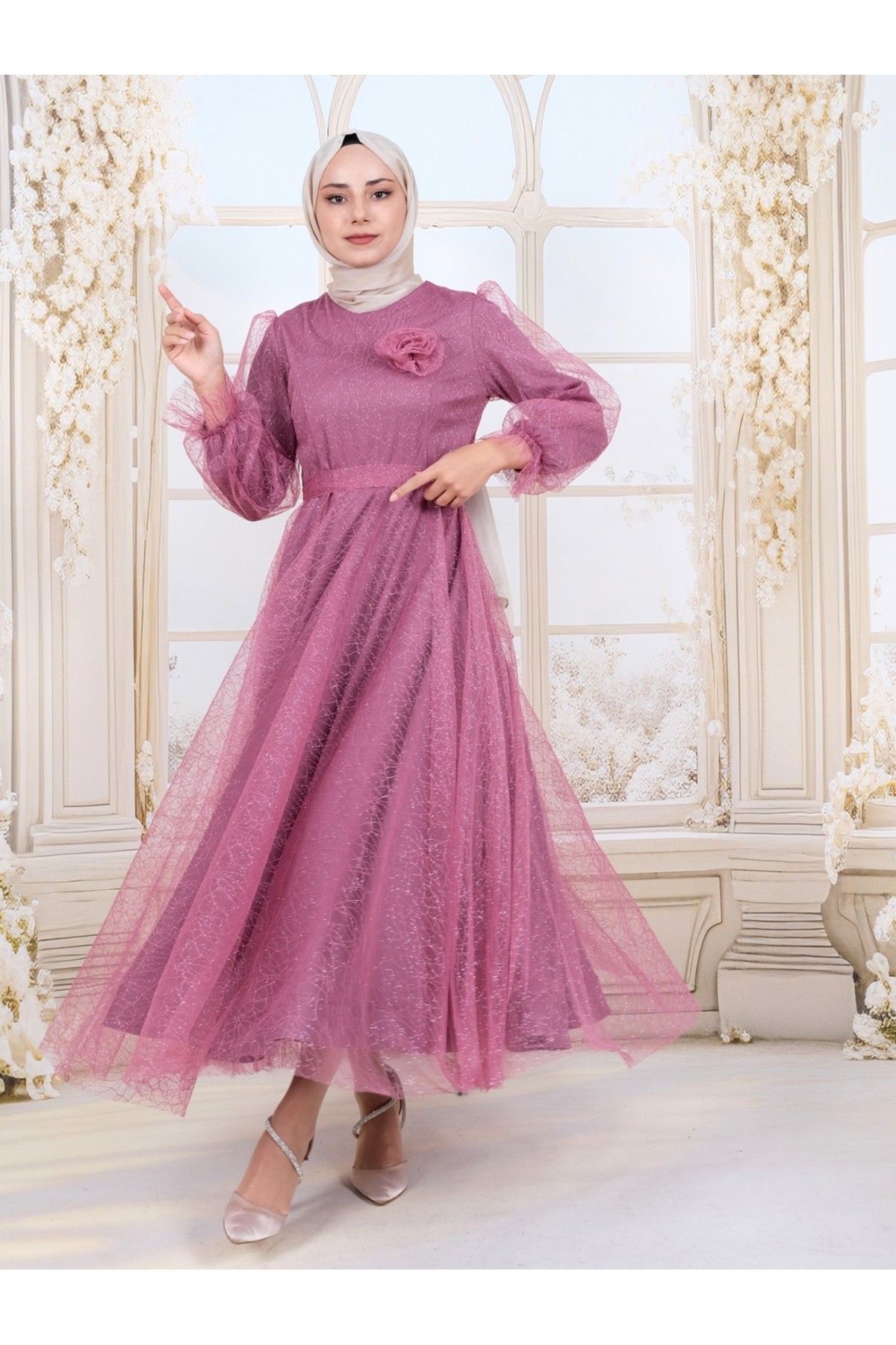 Kolu Lastikli Kuşaklı Simli Kabarık Tül  Abiye -G.Kurusu