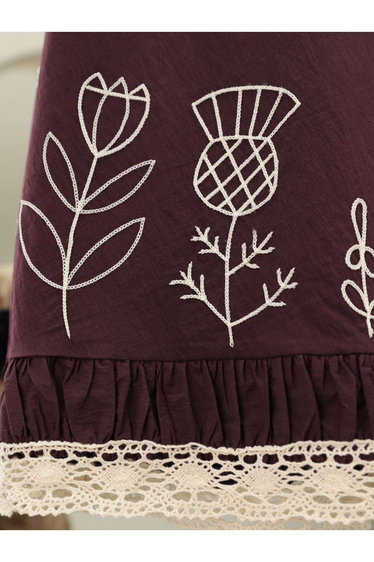 Dantel İşlemeli Beli Lastikli Etek -Mürdüm