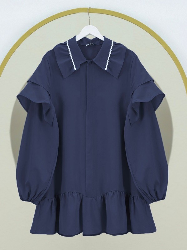 Yakası Süzene Nakış Detaylı Kolu Lastikli Poplin Tunik -Laci