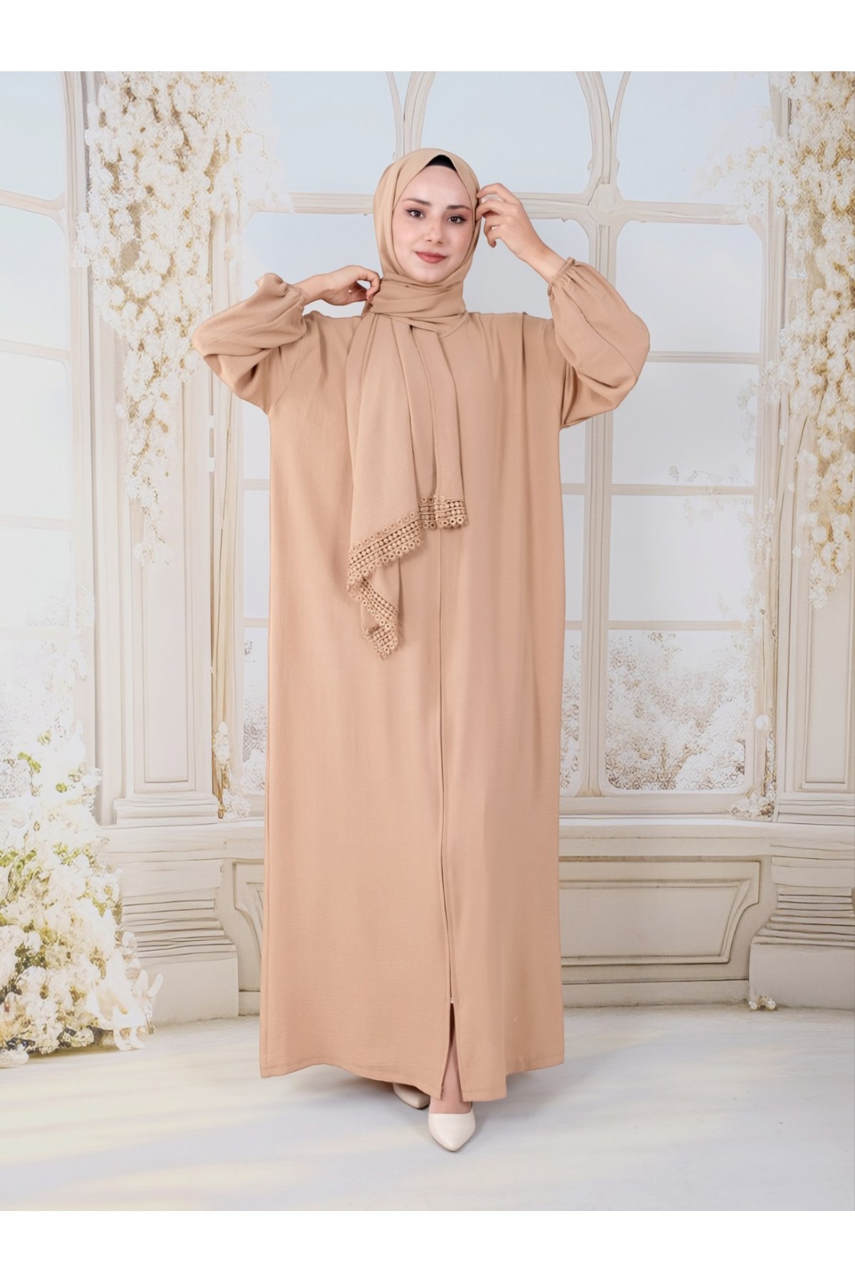 Kendinden Şallı Boydan Fermuarlı İthal Krep Namazlık -Vizon