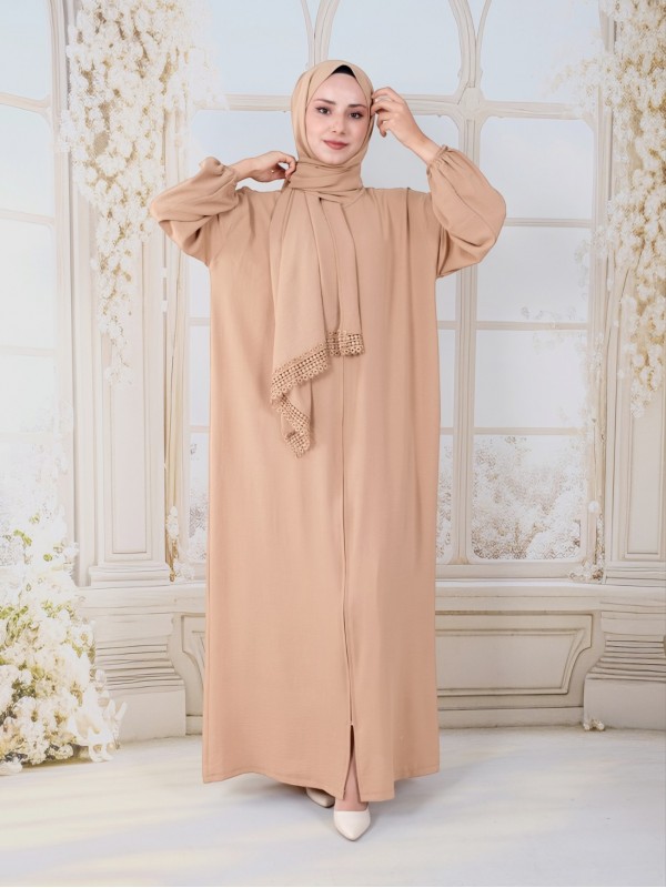 Kendinden Şallı Boydan Fermuarlı İthal Krep Namazlık -Vizon