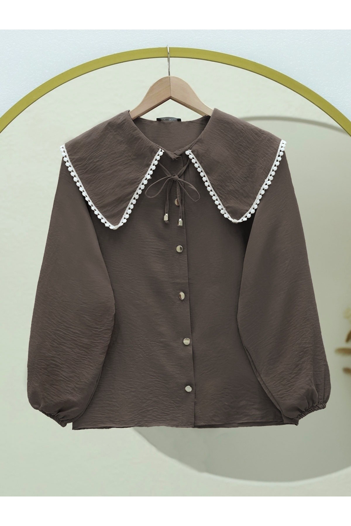 Bebe Yaka Dantelli Kolu Lastikli Gömlek -Kahve