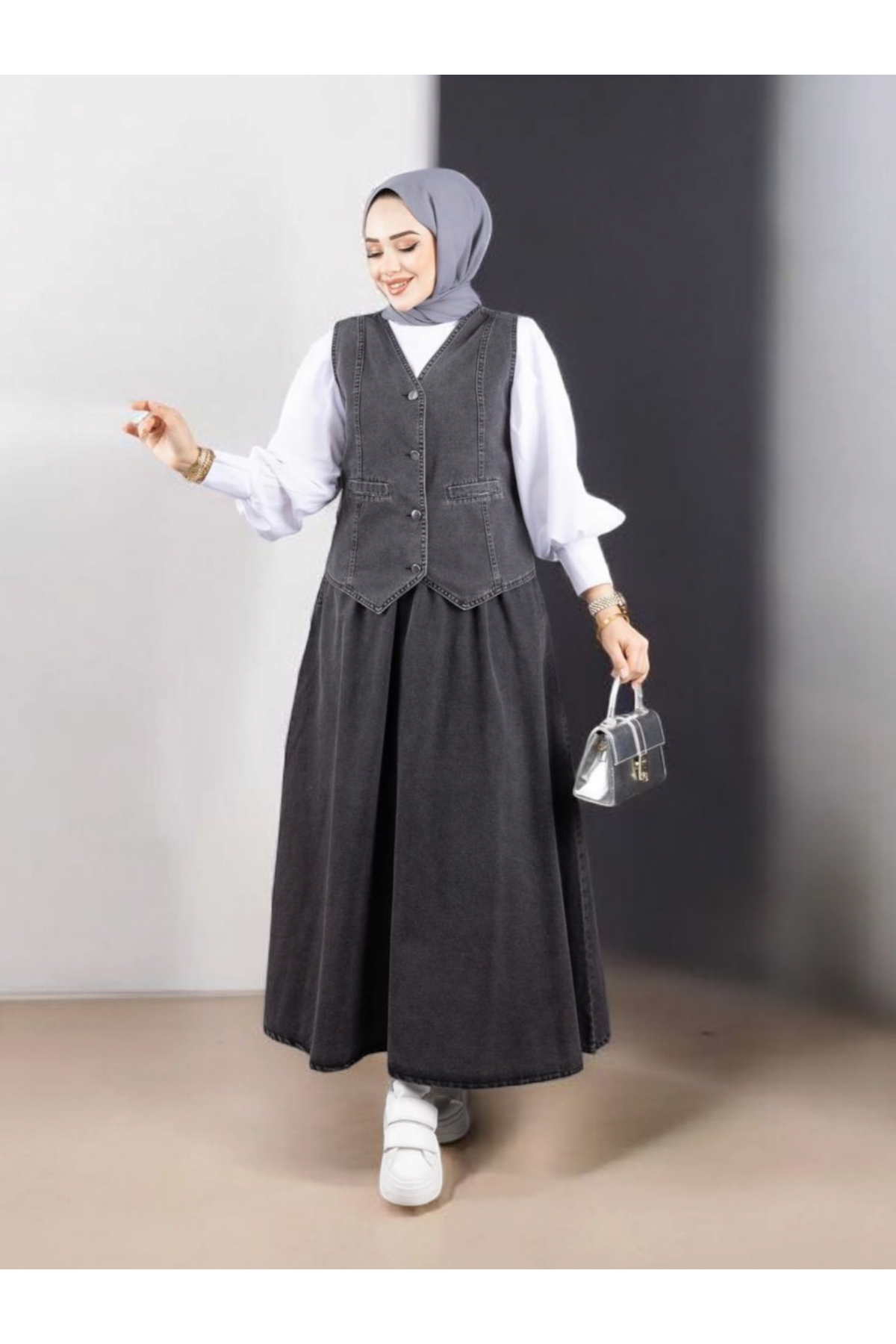 V Yaka Yelekli Etekli Kot Takım -Füme