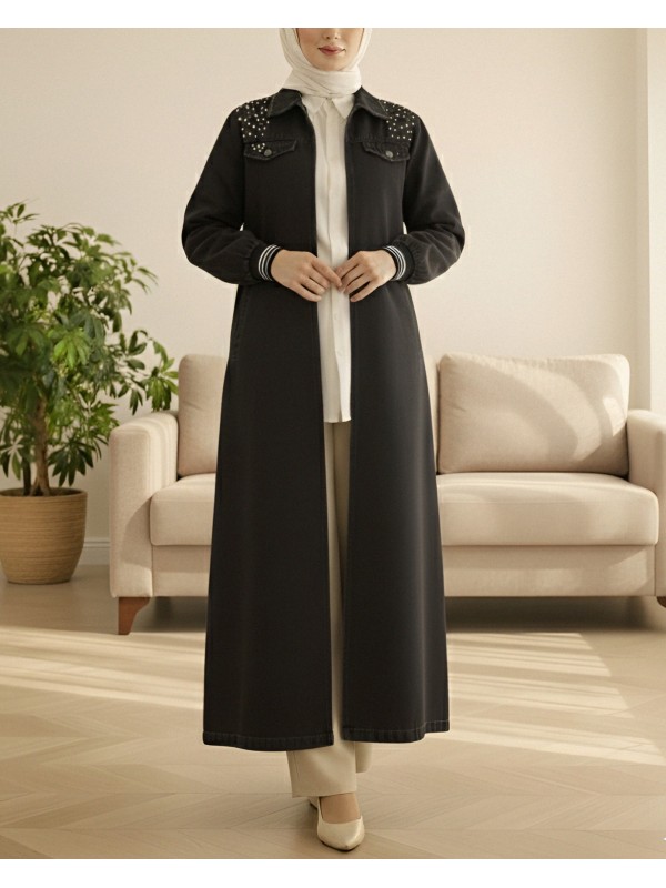 Omuzu İncili Ribanalı Fermuarlı Uzun Kot Kap -Siyah