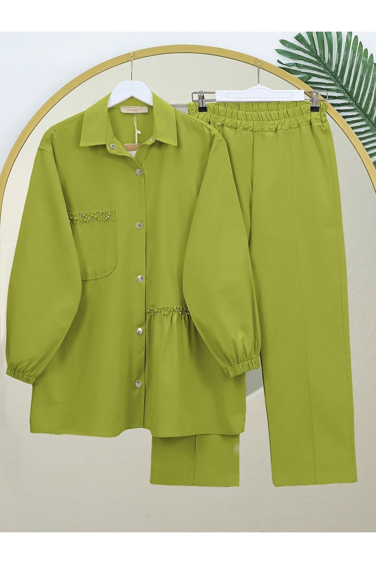 İnci Detaylı Çıtçıtlı Yıkamalı Pamuk Gabardin Takım -F.Yeşili