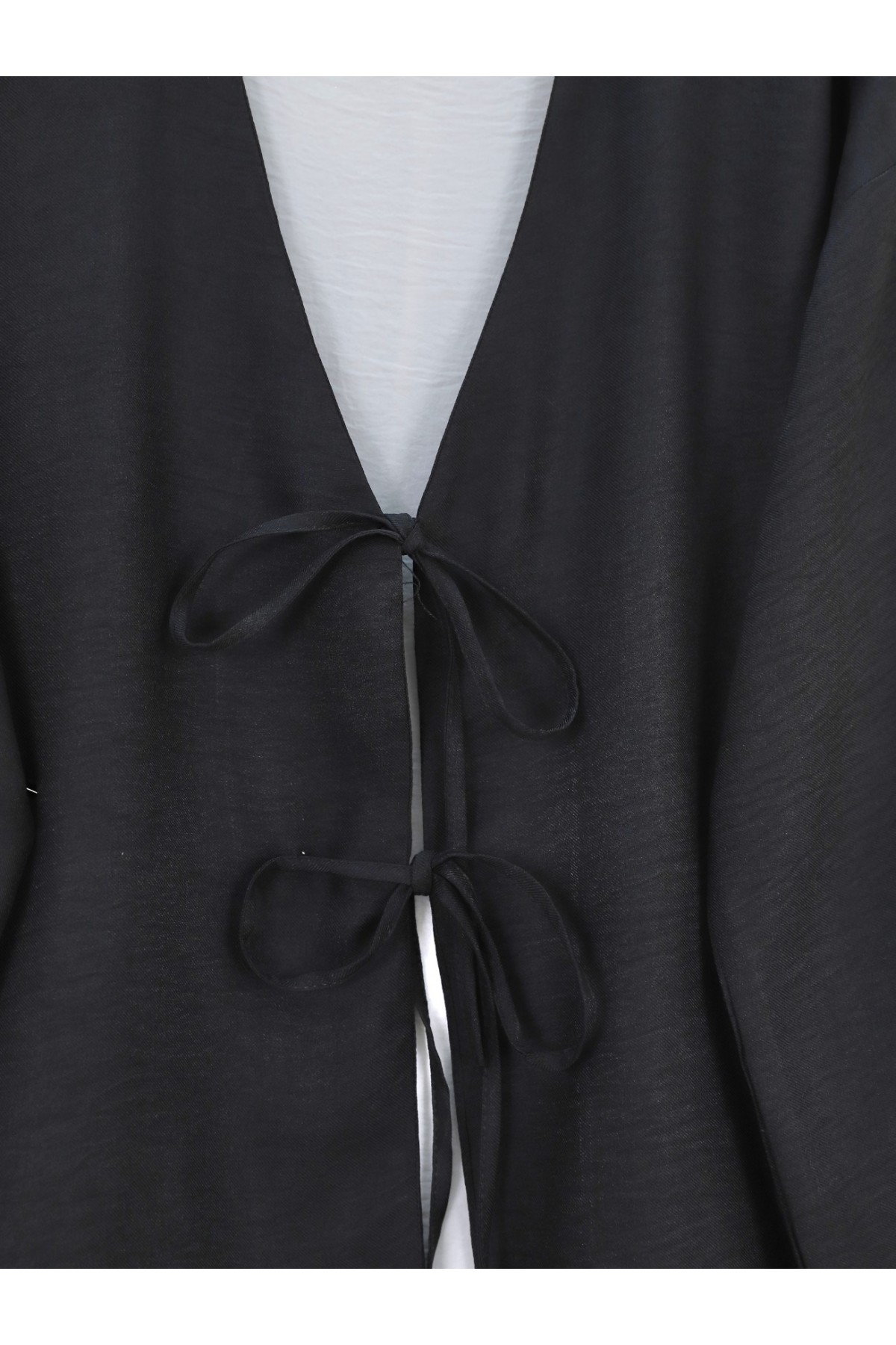 Önü Bağcıklı Beli Lastikli Etekli Keten Takım -Siyah