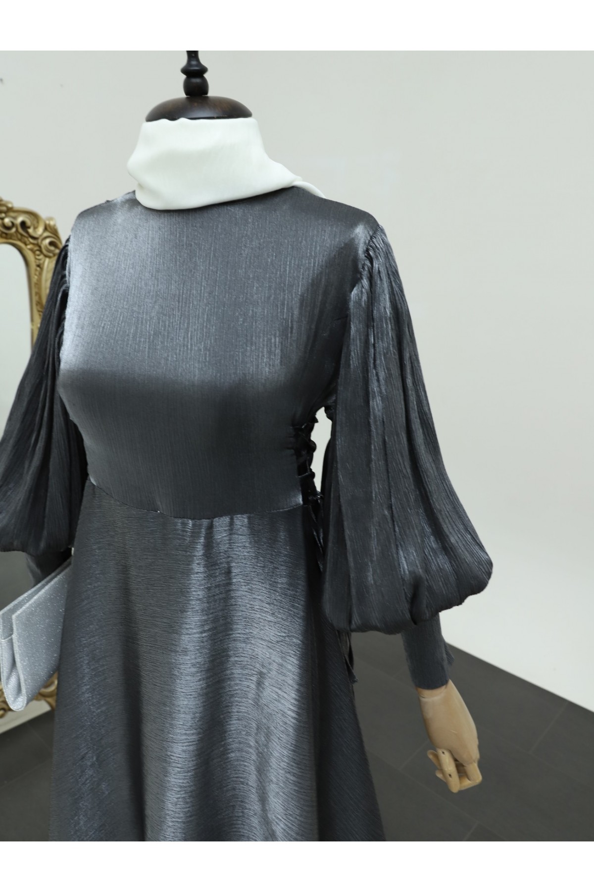 Yanları Bağlamalı Balon Kol Jakarlı Abiye -Antrasit