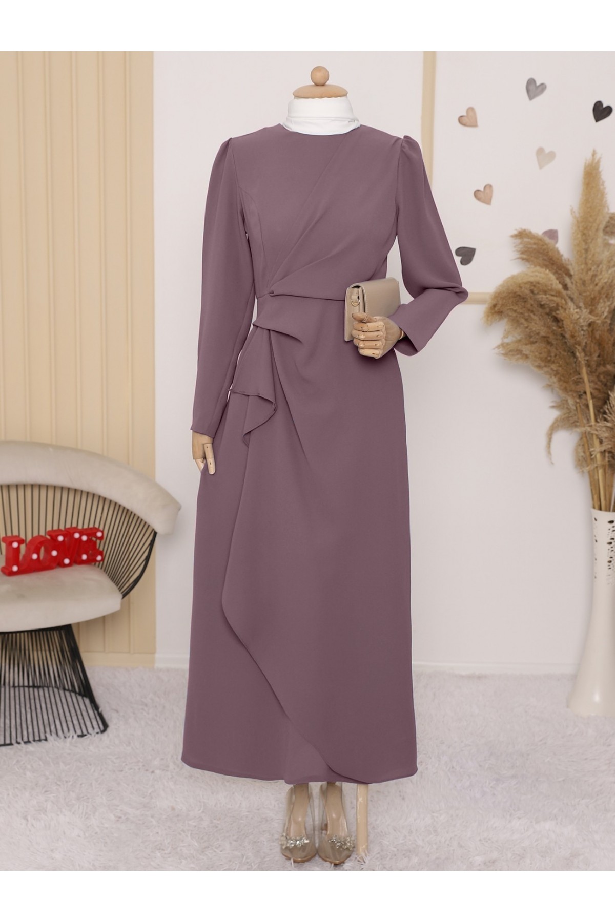 Önü Allerli Eteği Asimetrik Krep Elbise    -G.Kurusu