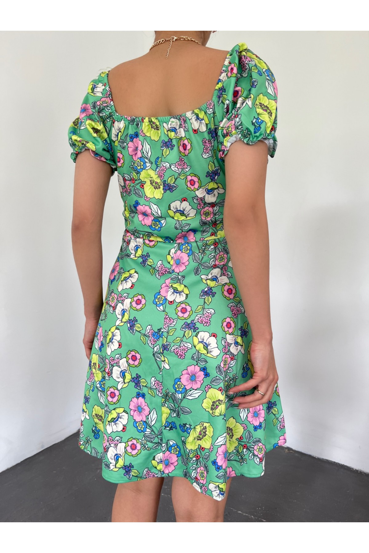 Yakası Lastikli Bağcık Detaylı Mini Elbise -A.Yeşil