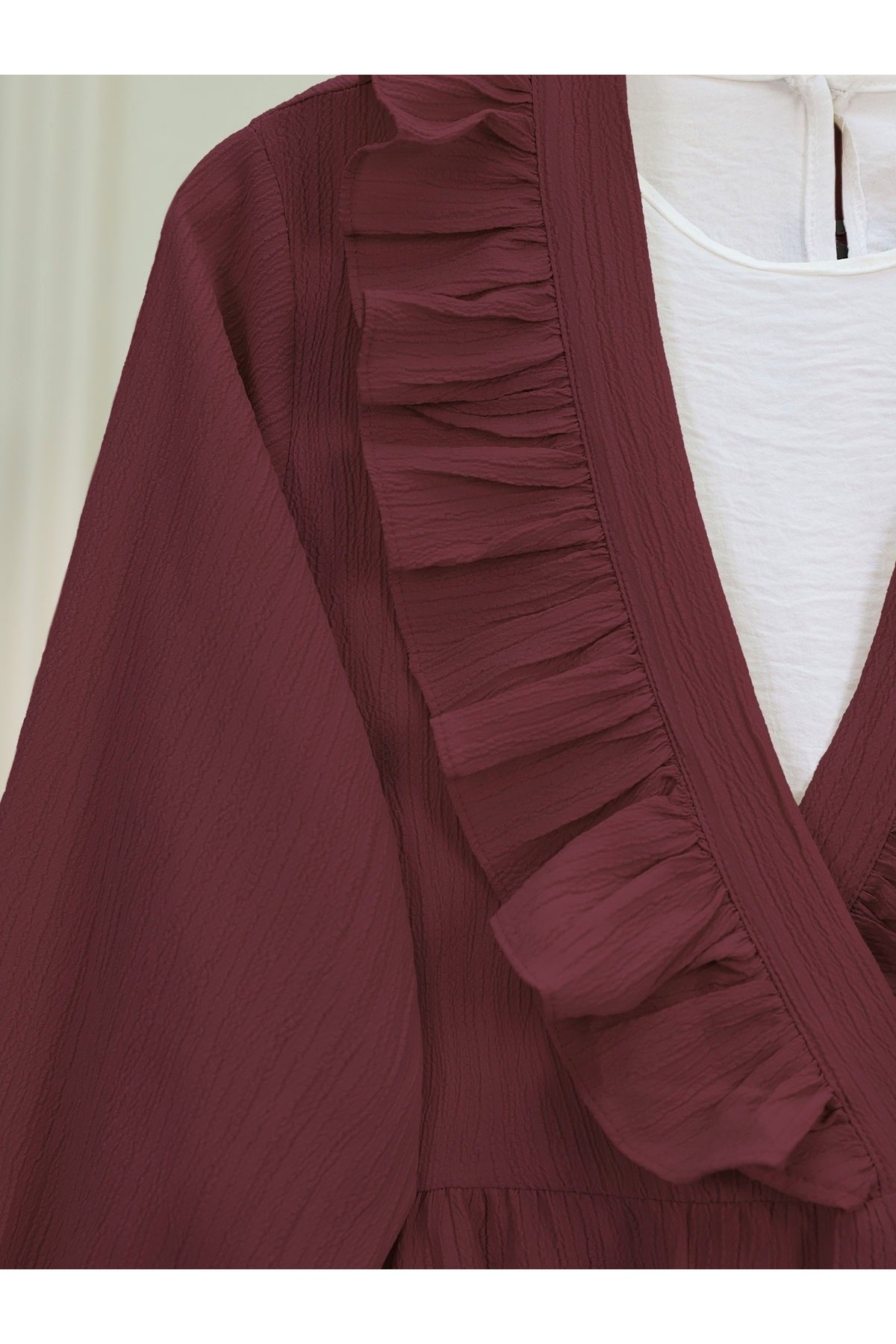 Önü Fırfırlı Bağlamalı Krinkıl Kimono -Bordo