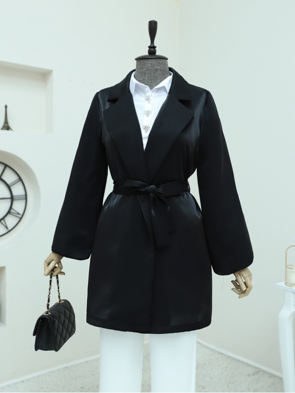 Kolları Volanlı Bağcıklı Saten Ceket -Siyah