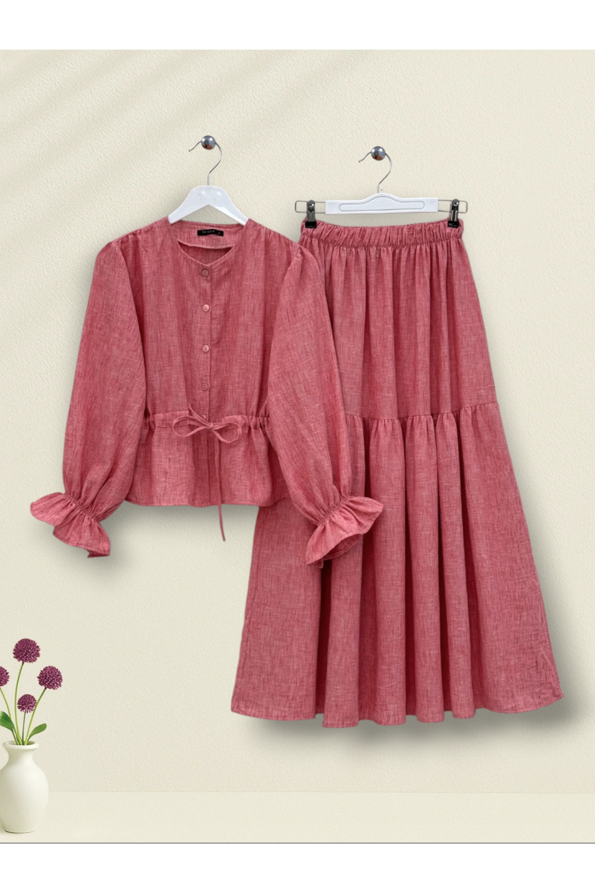 Önü Düğmeli Kolu Lastikli Tünel Bağcıklı Keten Takım -Nar Çiçeği