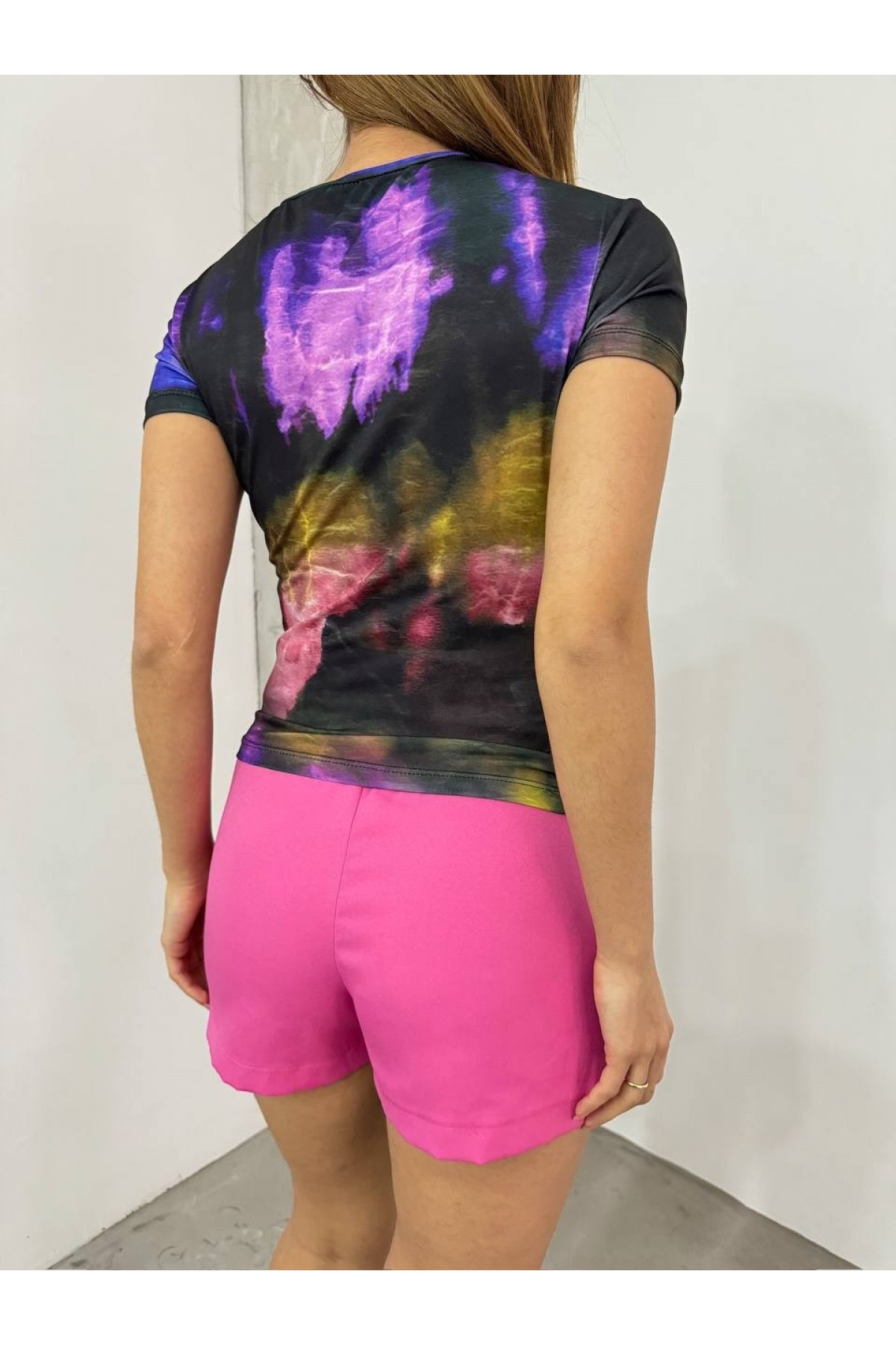 Bel Omuz Büzgülü Batik Baskı Sendy Bluz -Mor