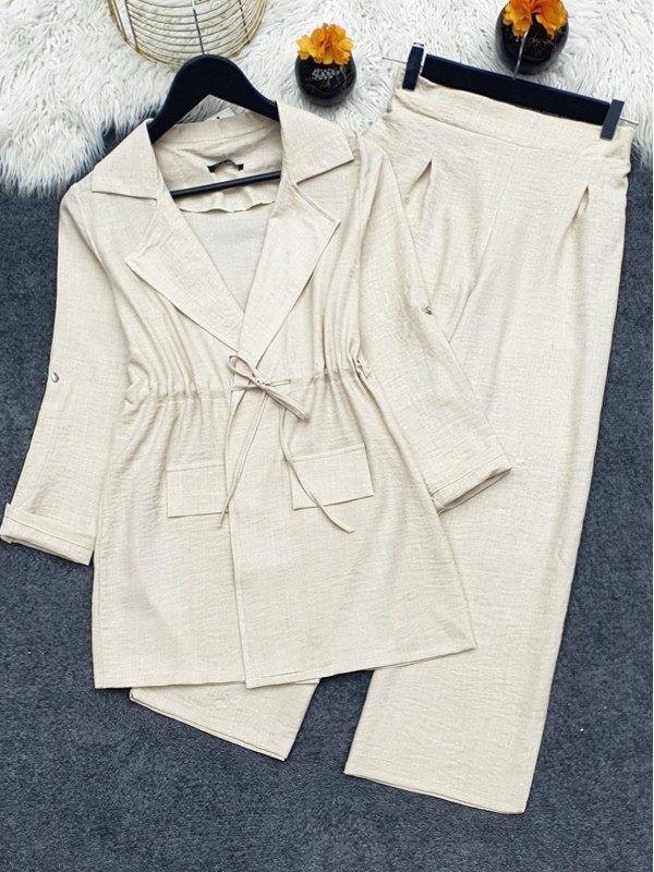 Kapaklı Tünel Köprülü Ceketli Keten Takım   -Bej