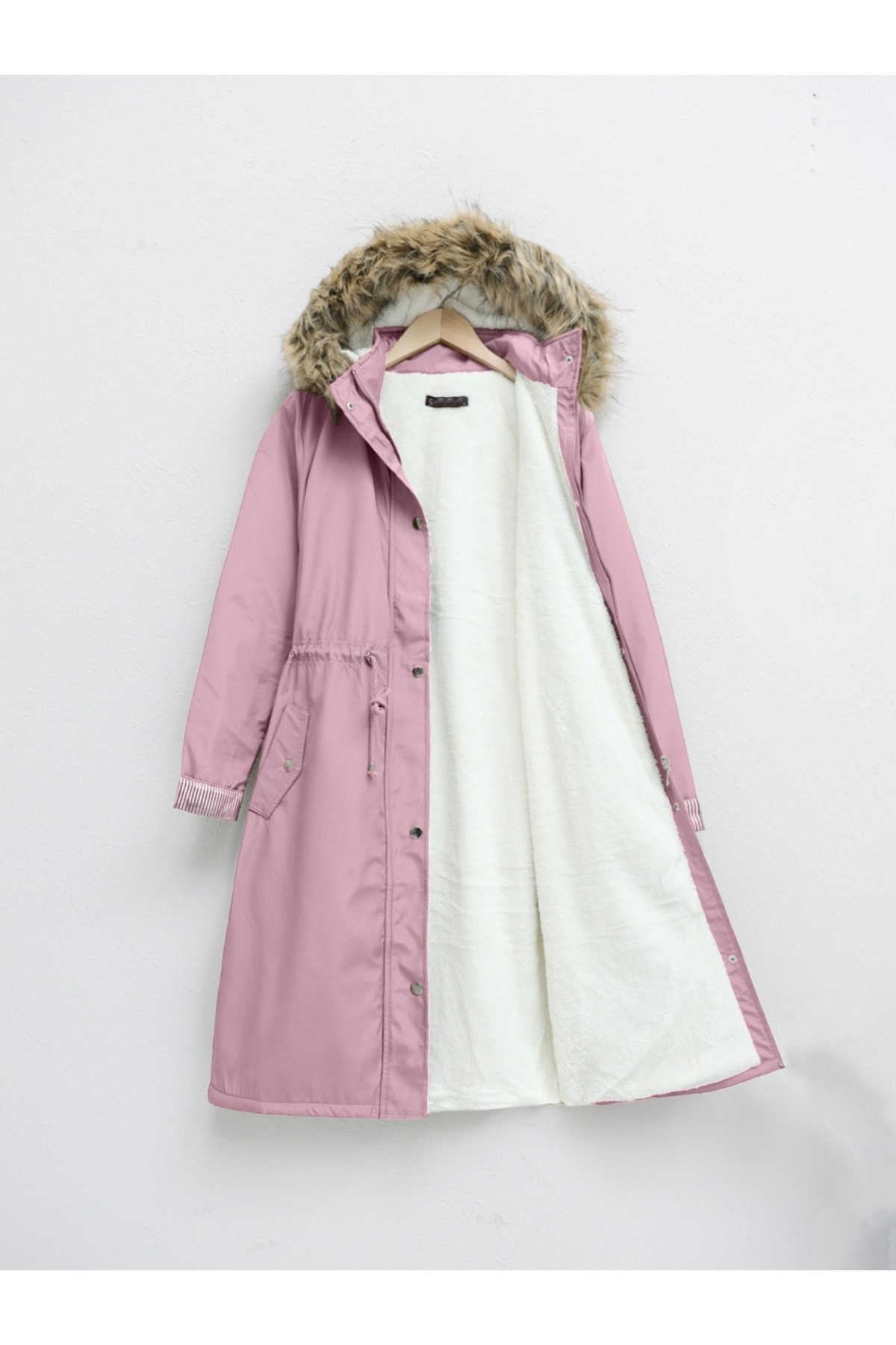 İçi Pelüş Çıkma Ķapşonlu Bondig Mont  -Pudra