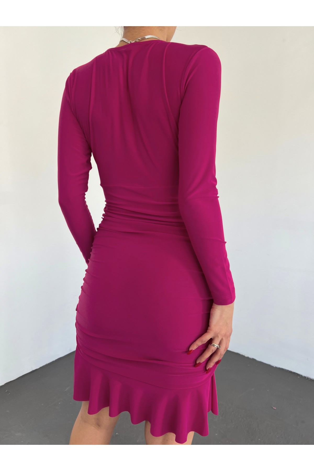 Yanları Lastikli Eteği Volanlı Sandy Mini Elbise -Vişne