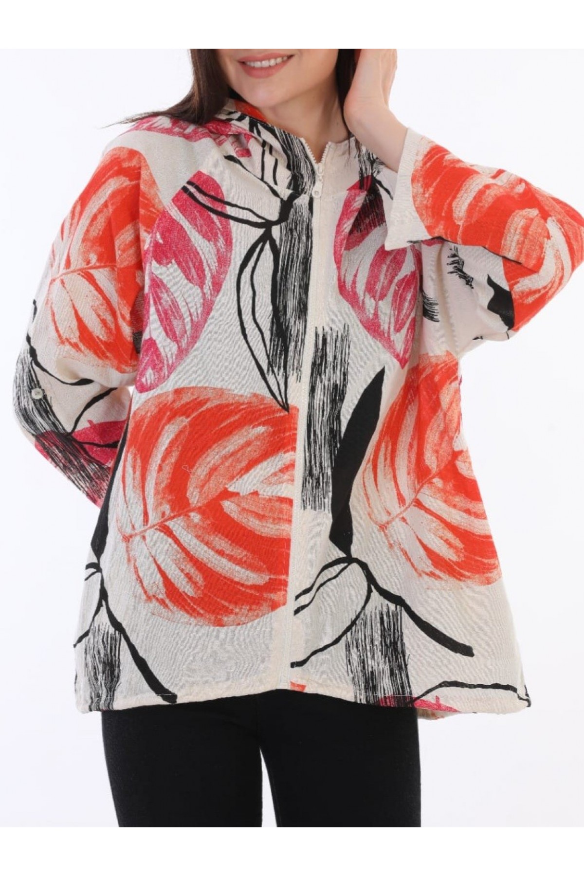 Desenli Fermuarlı Sabit Kapşonlu Keten Ceket -Turuncu