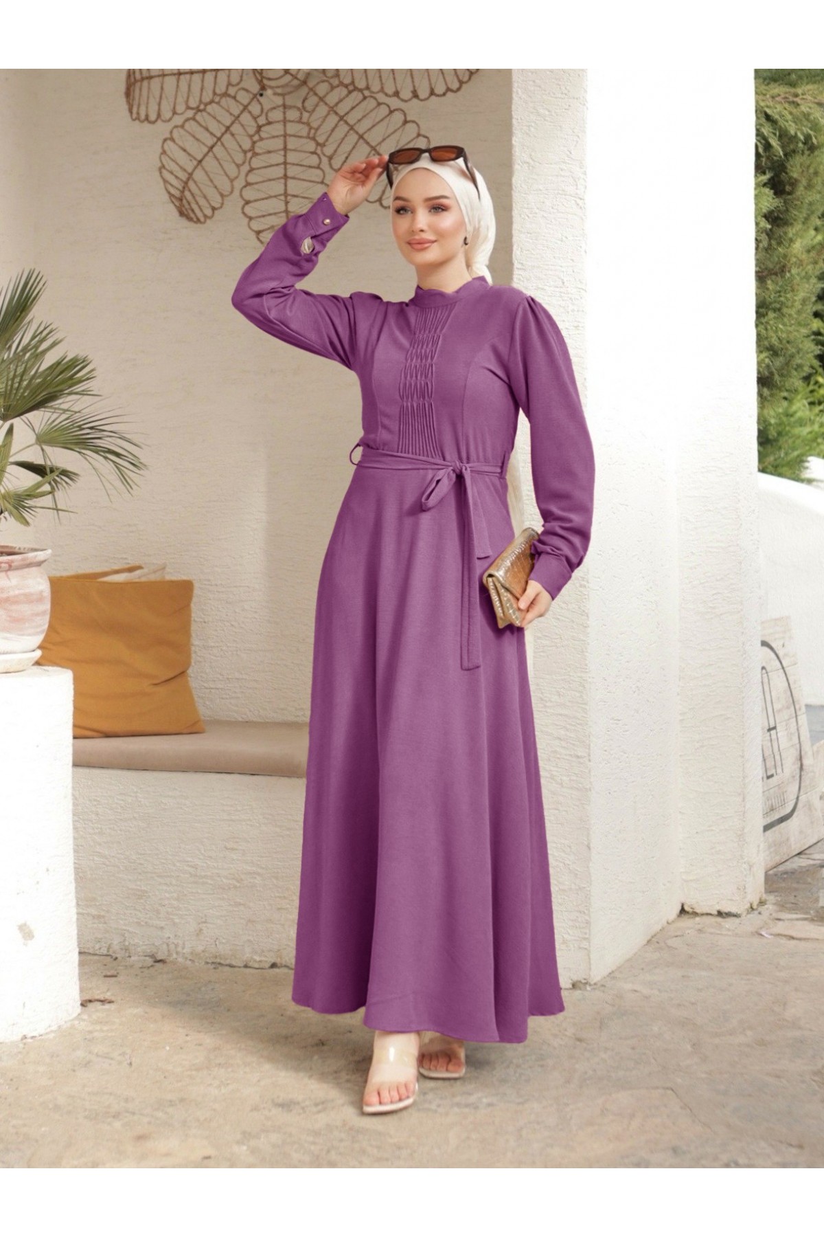 Çıma Detaylı Kemerli Ayrobin Elbise   -Vişne