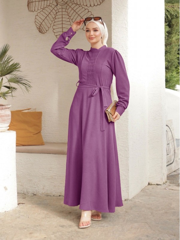 Çıma Detaylı Kemerli Ayrobin Elbise   -Vişne