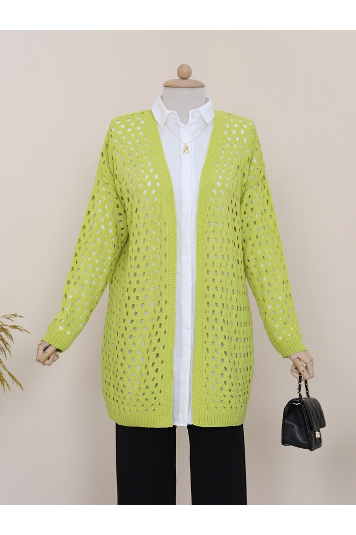 Fileli Baharlık Araboy Triko Hırka -Yağ Yeşili