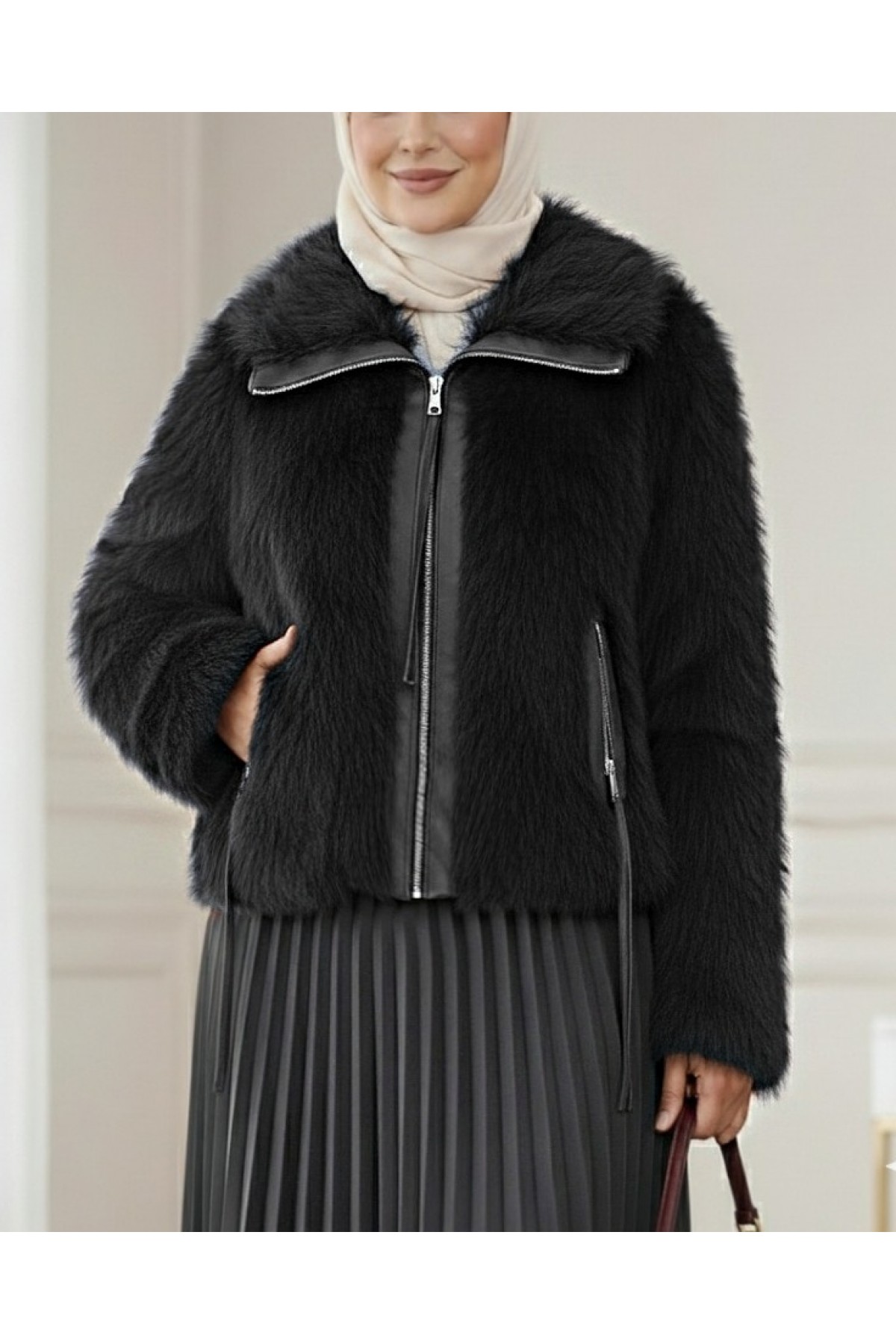 Deri Garnili İçi Astarlı Fermuarlı İp Detaylı Kürk Mont -Siyah