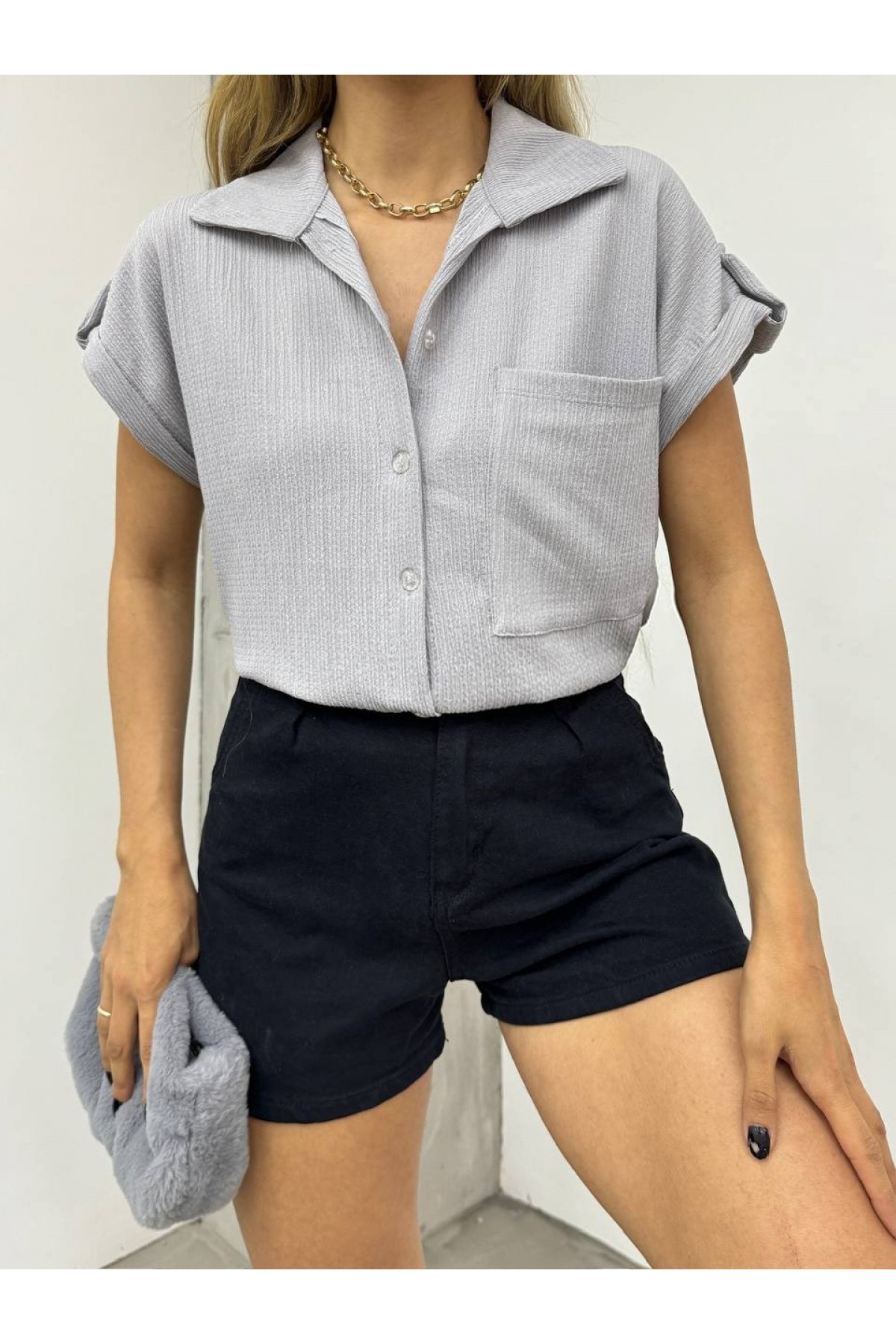 Duble Kol Tek Cepli Bürümcük Gömlek  -Gri