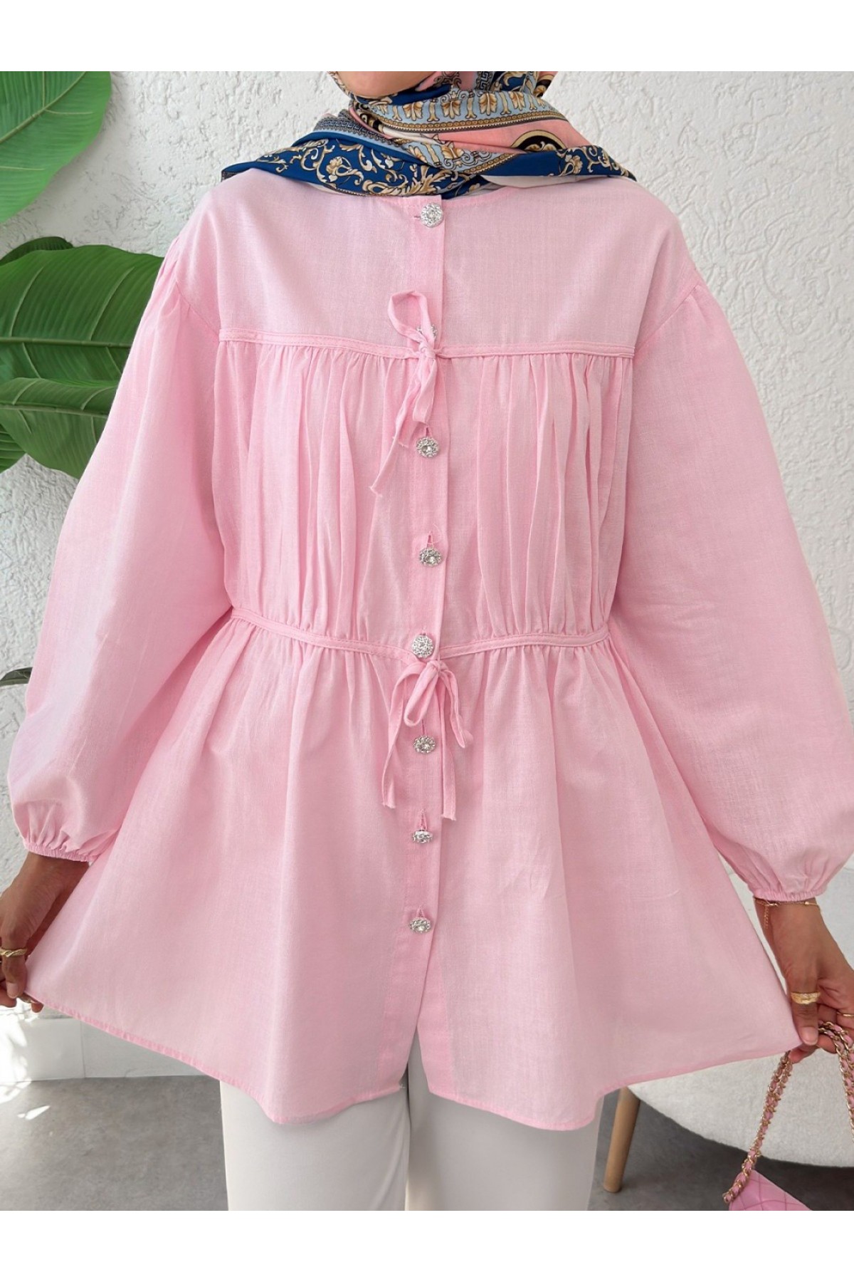 Taşlı Düğmeli Kolu Lastikli Bağlama Detaylı Gömlek  -Pembe
