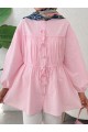 Taşlı Düğmeli Kolu Lastikli Bağlama Detaylı Gömlek  -Pembe