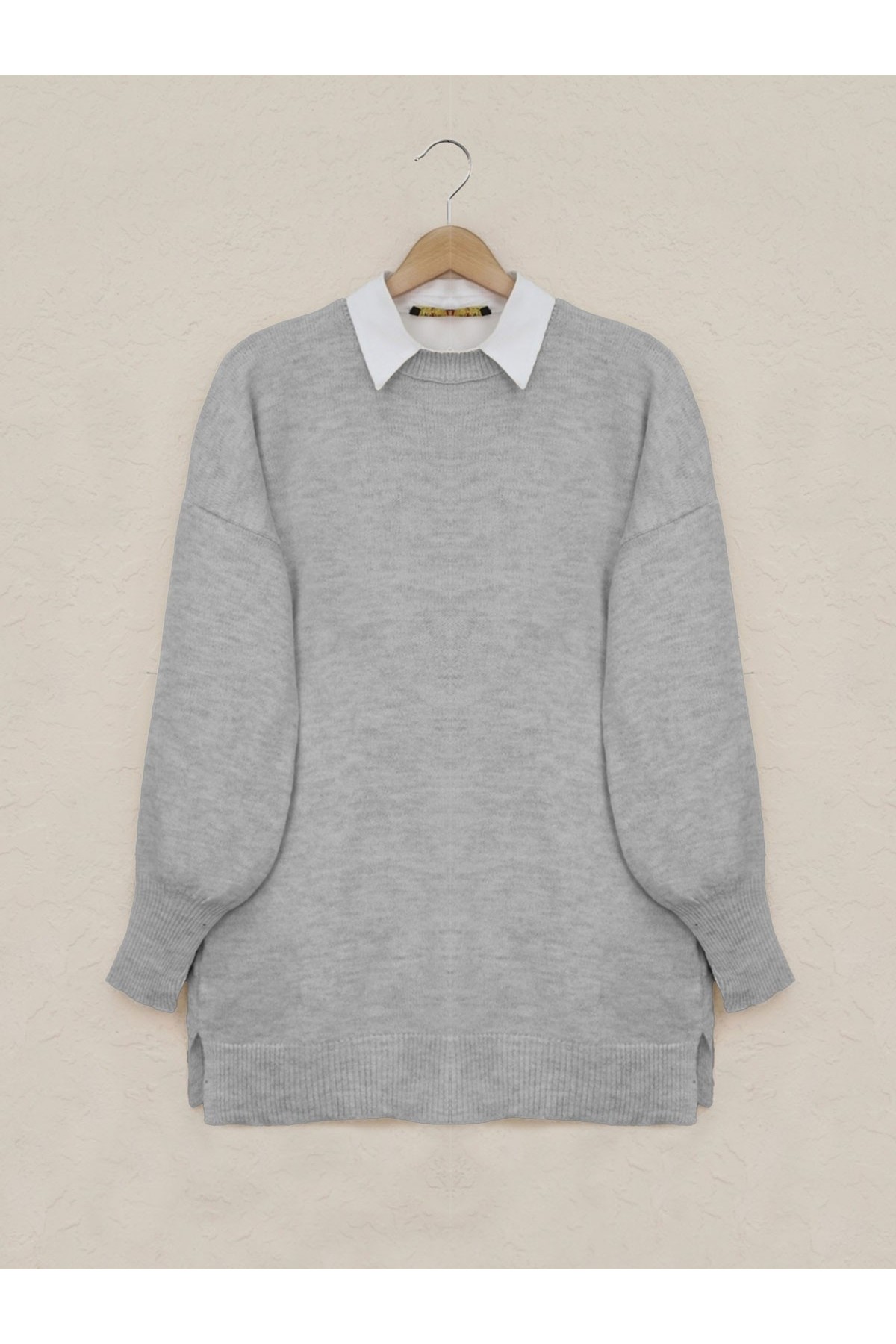 Yuvarlak Yaka Balon Kol Salaş Triko Kazak  -Açık Gri