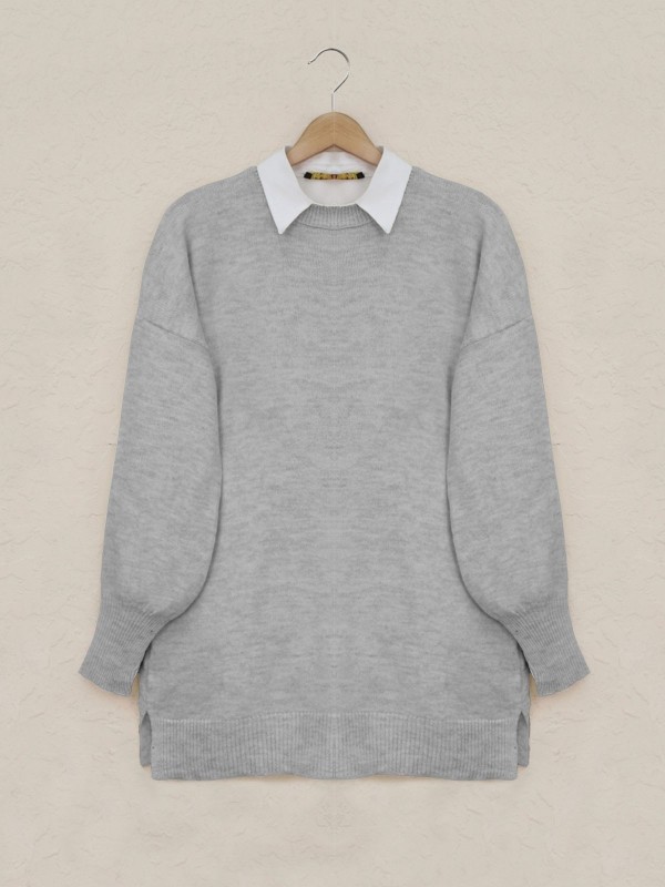 Yuvarlak Yaka Balon Kol Salaş Triko Kazak  -Açık Gri