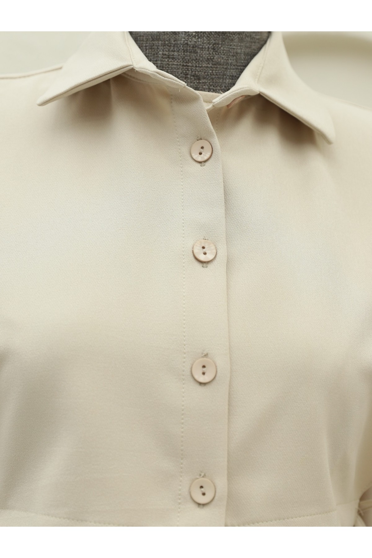 Üstü Gömlek Detaylı Elbise Takım  -Açık Vizon