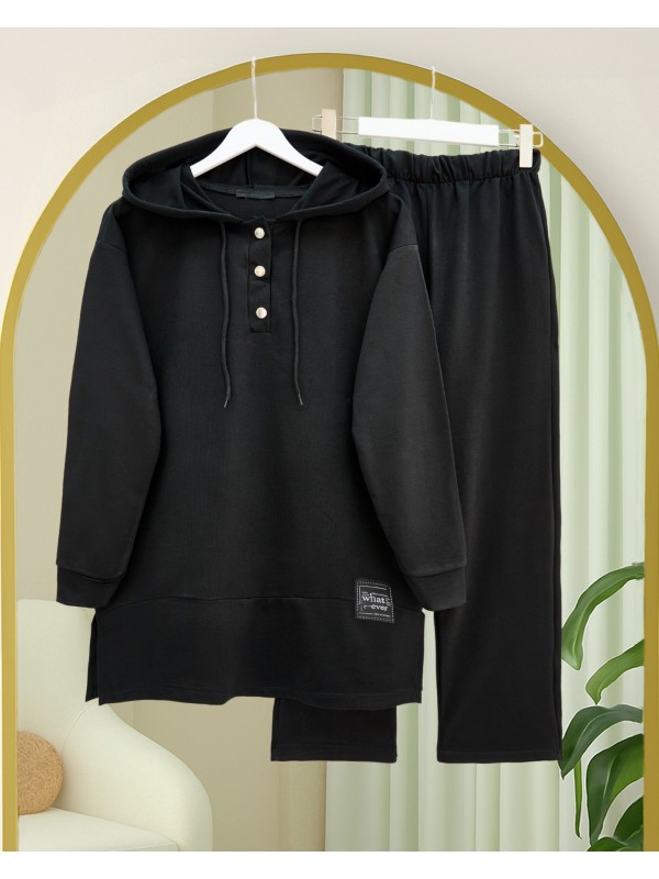 Çıtçıtlı  Arma Detaylı İkili Penye Takım -Siyah