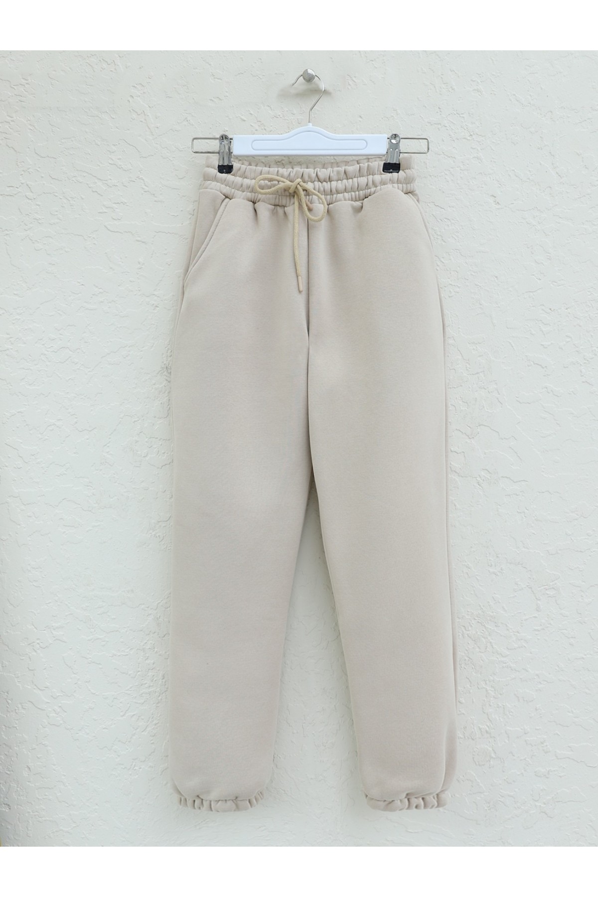 Beli Lastikli Cepli Şardonlu Eşofman Altı -Bej