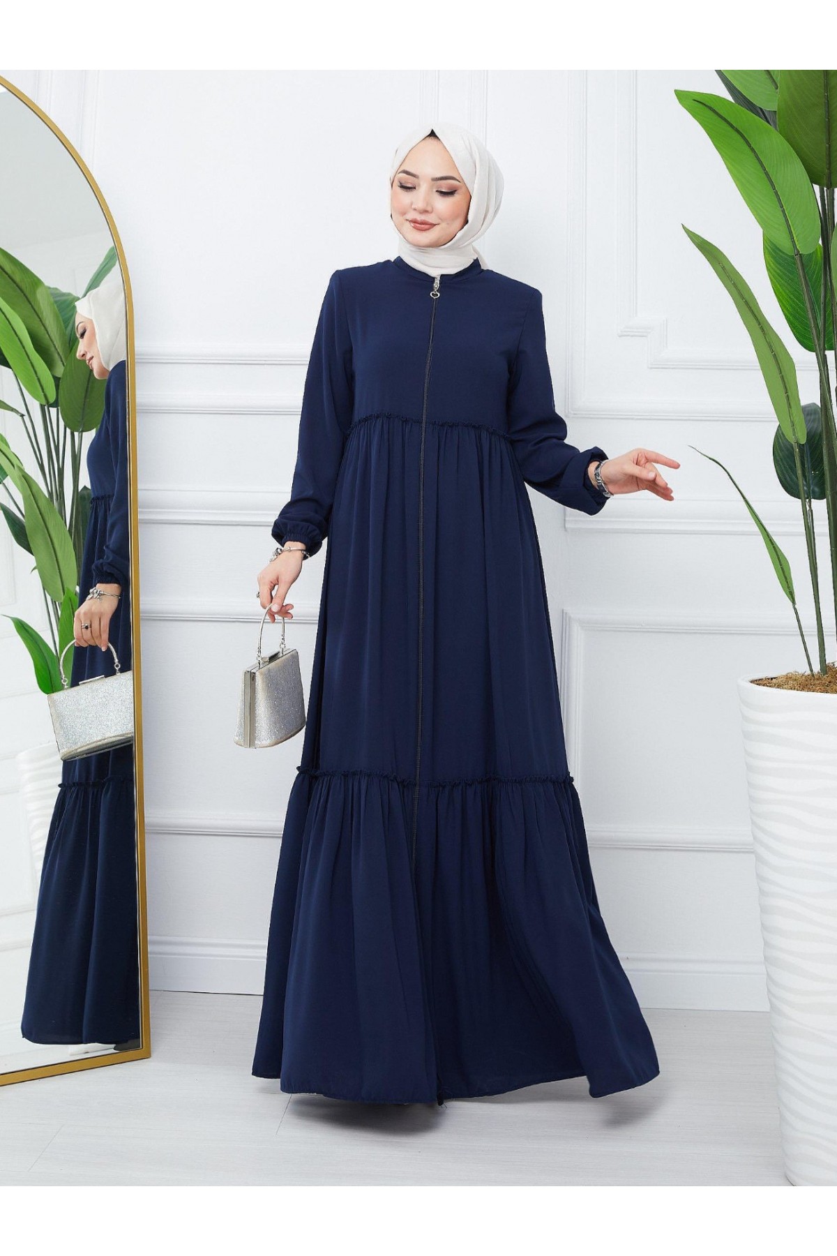 Parçalı Kolu Lastikli Boydan Fermuarlı Ferace -Laci