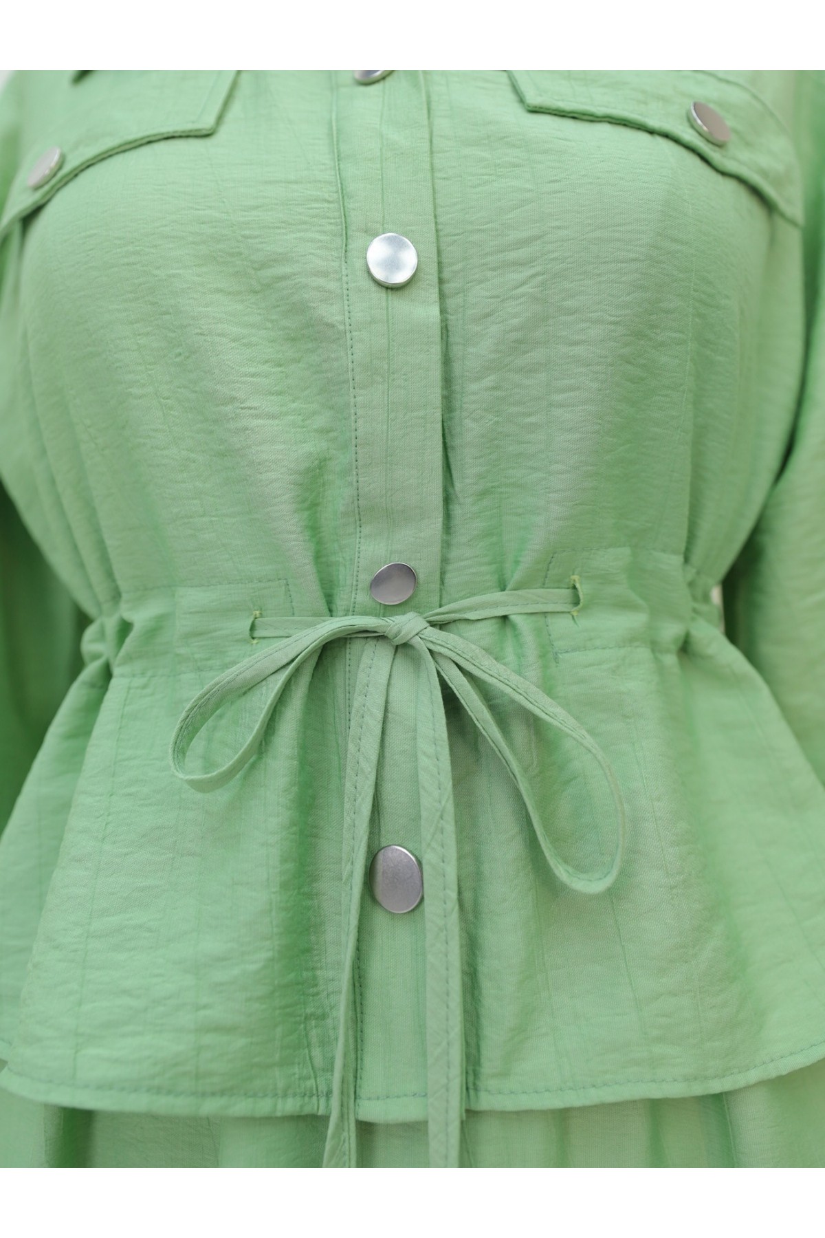 Metal Düğmeli Beli Bağlamalı Gömlek Jile Elbise -A.Yeşil