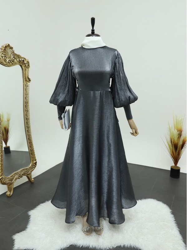 Yanları Bağlamalı Balon Kol Jakarlı Abiye -Antrasit