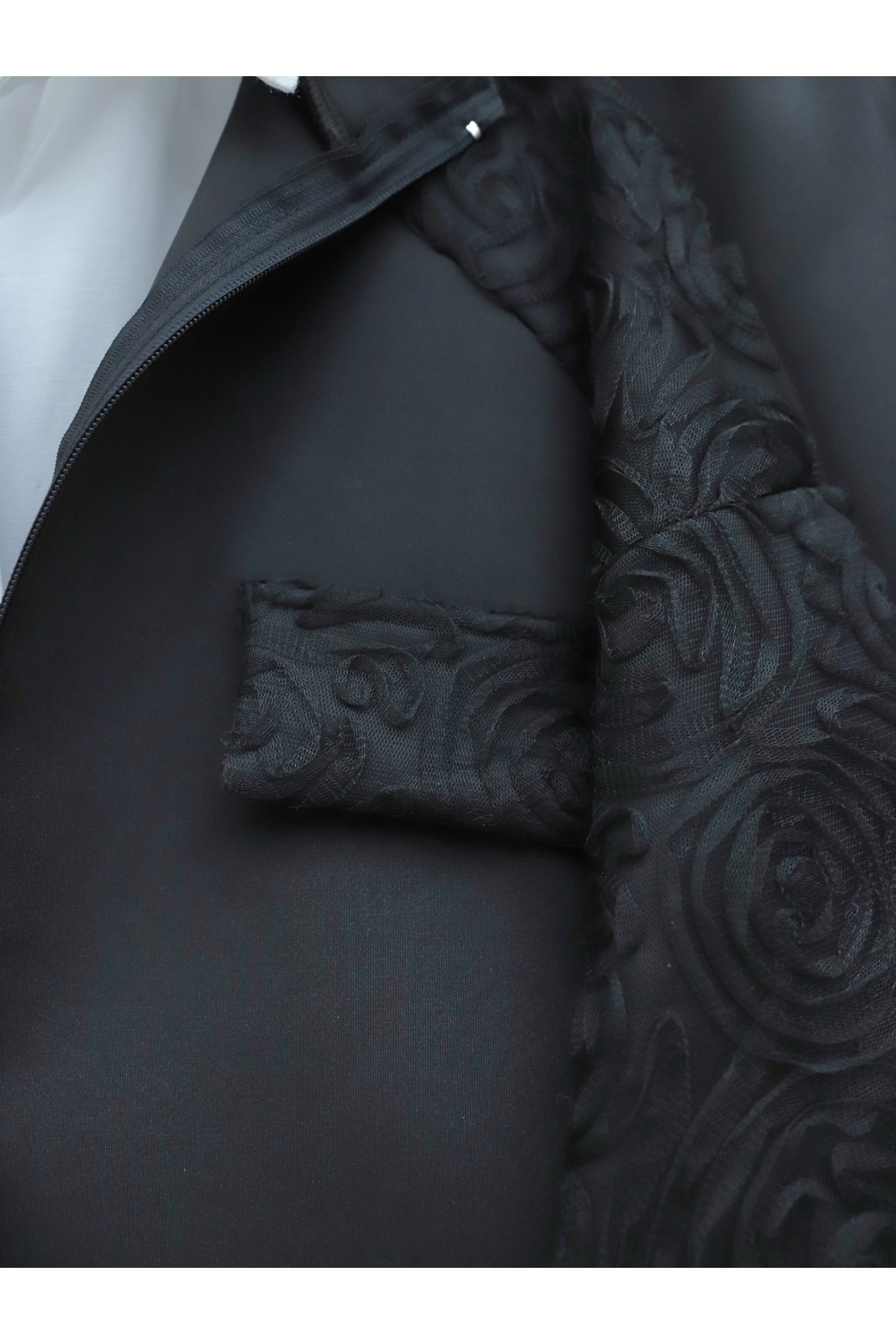 Kolları Tül Güllü Fermuarlı Scuba Takım -Siyah