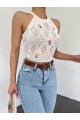 Ajurlu Nakışlı Sıfır Kol Triko Crop -Krem