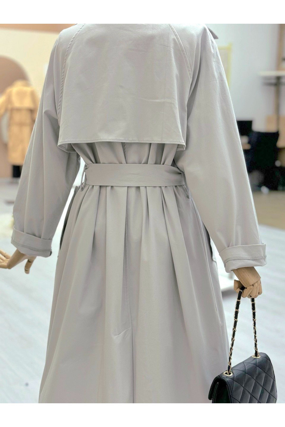 Bolero Detaylı Kemerli Araboy Trençkot -Açık Gri