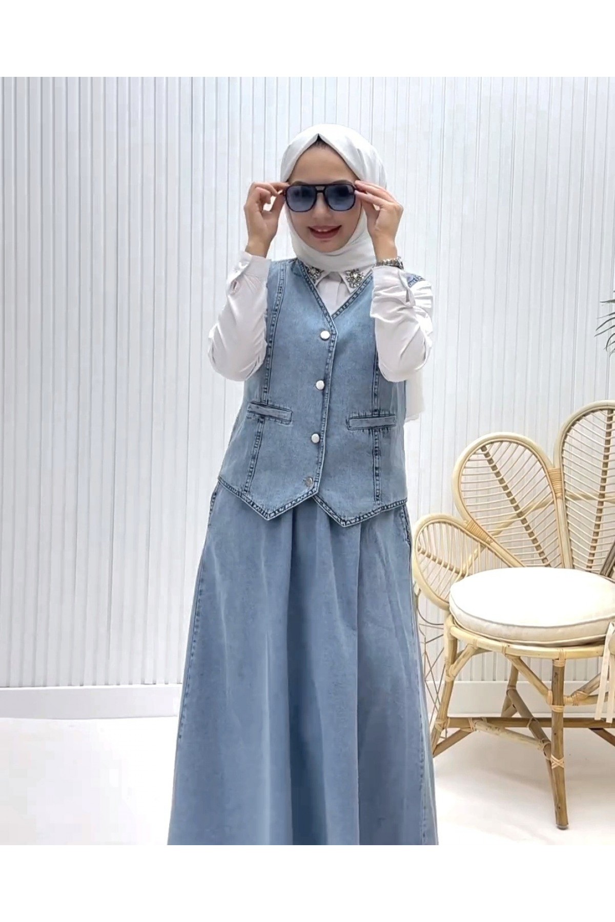 V Yaka Yelekli Etekli Kot Takım -Buz Mavi